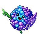 Puff and Spike hover pointer: pixel art blue and purple bloom with a happy face and a green stem arm pointing up-left