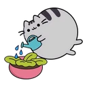 Pusheen Plant Care cursor: Pusheen the grey tabby cat watering a green plant in a pink pot with a blue watering can
