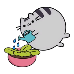 Pusheen Plant Care cursor: Pusheen the grey tabby cat watering a green plant in a pink pot with a blue watering can