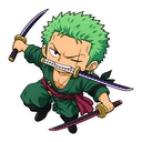 Roronoa Zoro cursor: chibi Zoro with his three swords, sticker style