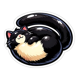 Slinky Signal Cat cursor: glossy black and cream cat curled into a loop with its long tail arched over its body