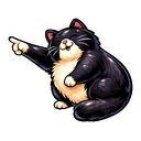 Slinky Signal Cat hover pointer: chubby black and cream cat sitting with eyes closed, one paw pointing up-left