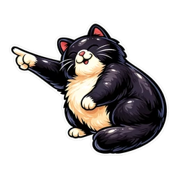 Slinky Signal Cat hover pointer: chubby black and cream cat sitting with eyes closed, one paw pointing up-left