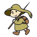 Snufkin Fishing Rod cursor: Snufkin in an olive green hat and coat walking with a fishing rod and brown backpack