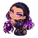 Valorant Reyna cursor: chibi Reyna with glowing violet eyes, sticker style