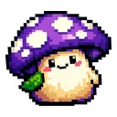 Violet Pixel Shroom cursor: pixel art mushroom with a white-spotted violet cap, cream body, smiling face and a leaf