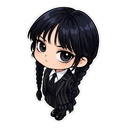 Wednesday Addams cursor: chibi Wednesday with her braids, sticker style