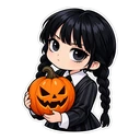 Wednesday Halloween cursor: Wednesday holding a pumpkin, sticker style