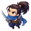 Yasuo cursor: chibi Yasuo with his ponytail, sticker style